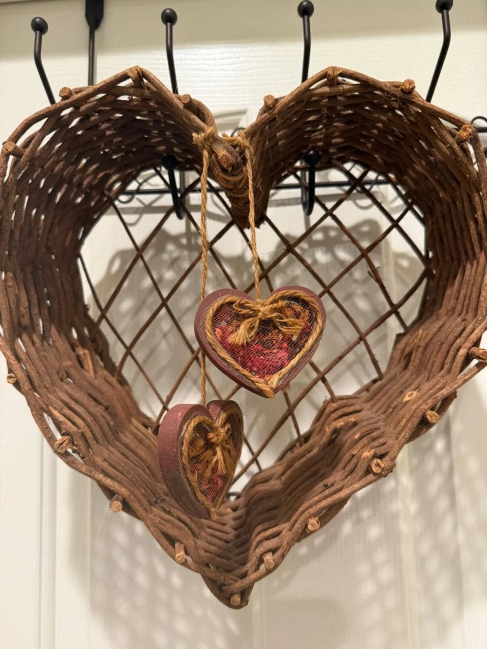 Woven Heart Wall Basket with Hanging Hearts grandmacore grannycore heart shelf